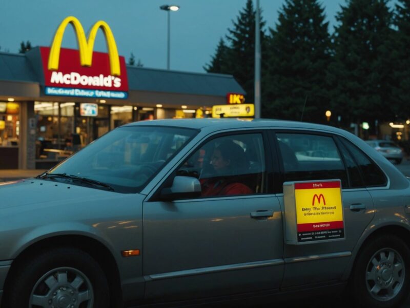 McDonald's drive-thru with a sign ending AI trial, car at ordering window.